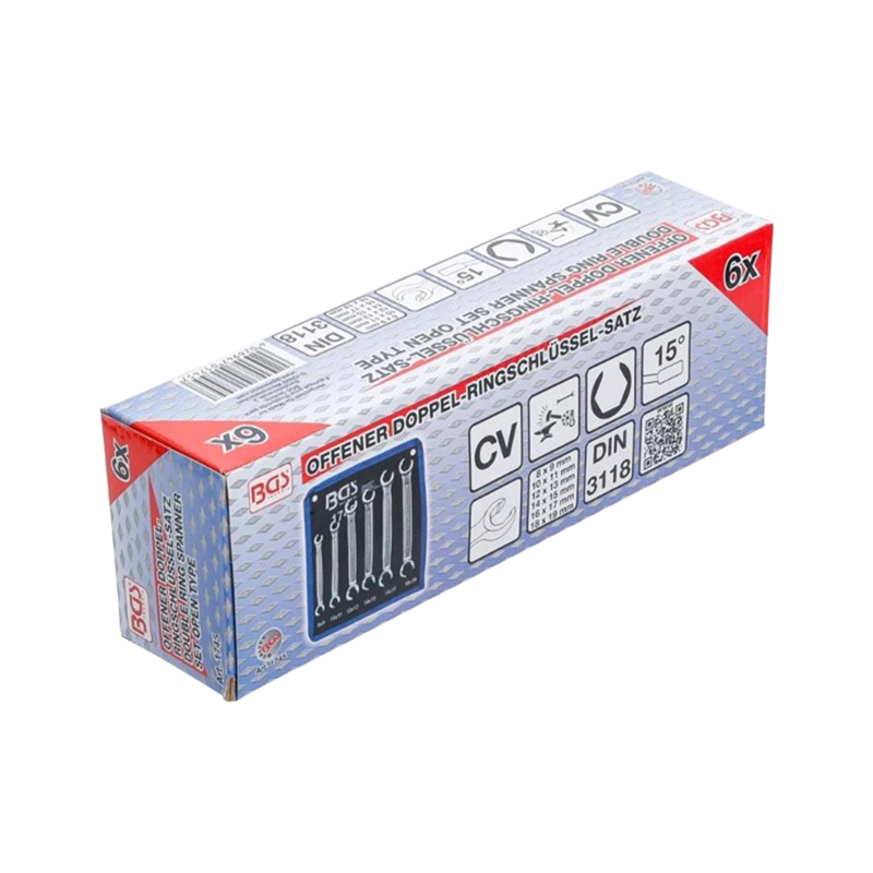 Double Ring Spanner Set, open Type | 8 x 9 - 18 x 19 mm | 6 pcs.